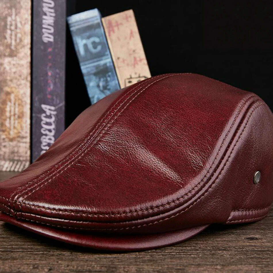BUTTERMERE Flat Caps Men Real Leather Duckbill Hats Berets Earflaps Black Casual Directors Cap Male Vintage Winter Driving Caps - KIMLUD