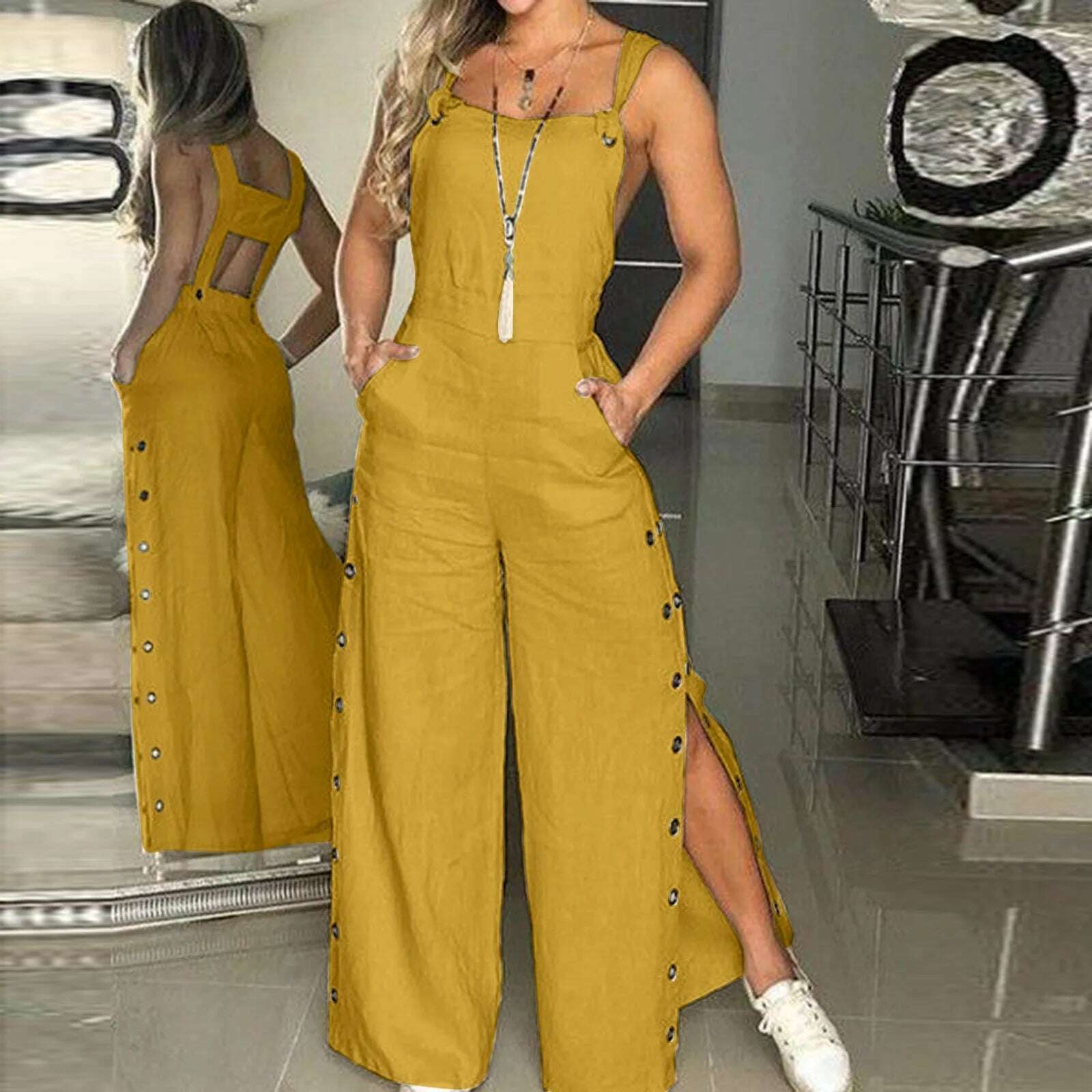 KIMLUD, Button Overalls for Women Summer Jumpsuit Solid Casual Openings Button Wide Leg Suspender Pants Overalls with Pockets, KIMLUD Womens Clothes