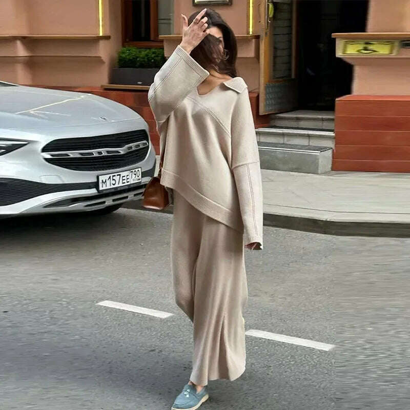 KIMLUD, Casual Knitted Loose Skirt Sets Women Solid Lapel Long Sleeve V-neck Pullover High Waist Skirts 2024 Autumn Lady Lazy Outfits, Camel / L, KIMLUD APPAREL - Womens Clothes