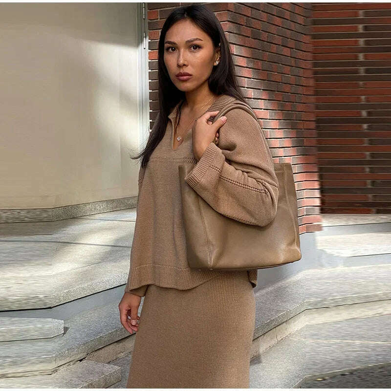 KIMLUD, Casual Knitted Loose Skirt Sets Women Solid Lapel Long Sleeve V-neck Pullover High Waist Skirts 2024 Autumn Lady Lazy Outfits, KIMLUD Womens Clothes