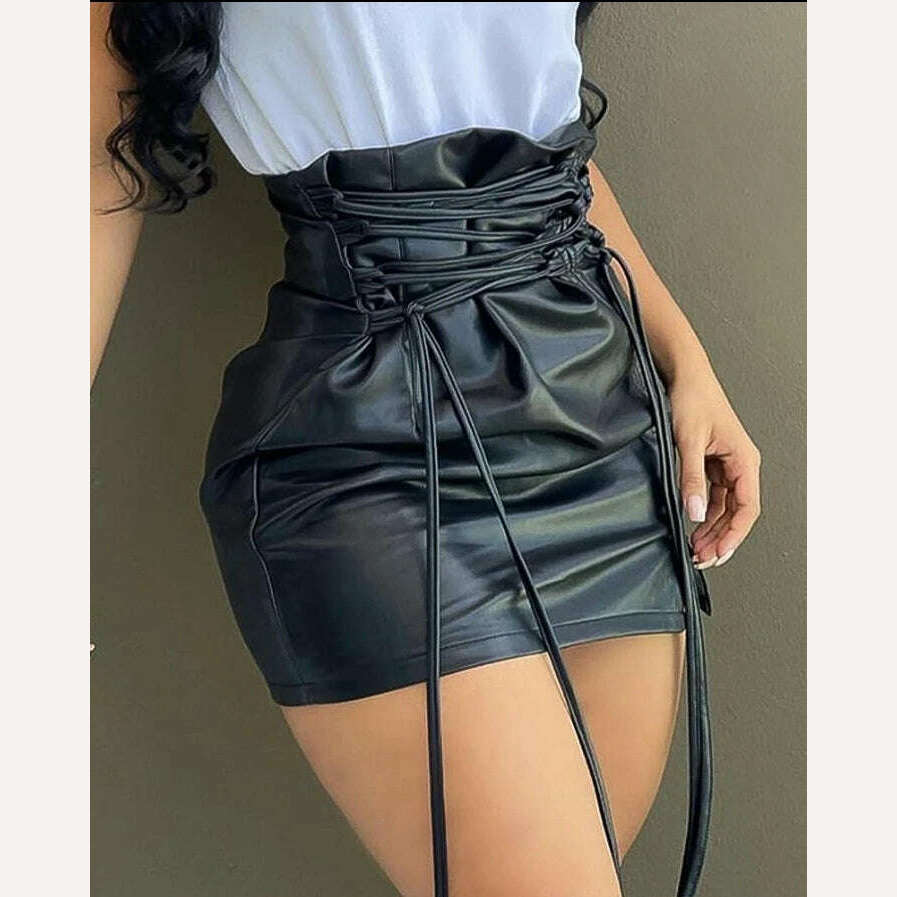 casual Lace-up High Waist PU Leather Mini Slit Skirt y2k clothes women's outfits female clothing new fashion womens bottom black - KIMLUD