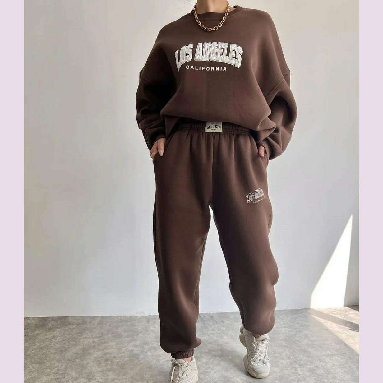 KIMLUD, Casual Long Sleeve Hoodies Pants Set Office Lady Autumn Winter Print Sweatershirt Trousers Two Piece Set Women Outfit 2023, Dark Brown / M, KIMLUD APPAREL - Womens Clothes