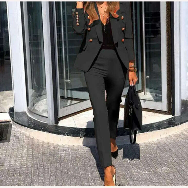 Casual Open Front Blazers Sets Red Pencil Pants Set Long Sleeve Work Office Jacket Blazer Suit Two Piece Office Lady Outfits - KIMLUD