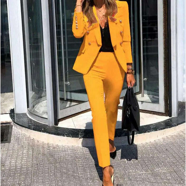 Casual Open Front Blazers Sets Red Pencil Pants Set Long Sleeve Work Office Jacket Blazer Suit Two Piece Office Lady Outfits - KIMLUD