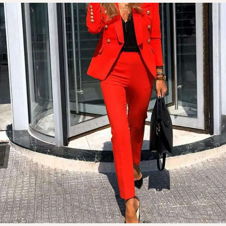 KIMLUD, Casual Open Front Blazers Sets Red Pencil Pants Set Long Sleeve Work Office Jacket Blazer Suit Two Piece Office Lady Outfits, KIMLUD Womens Clothes