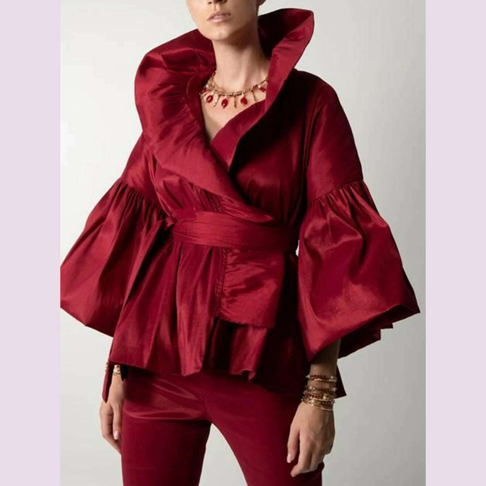 KIMLUD, Casual Puff Long Sleeve Ruffles Blouse Office Lady Solid Color Women Wrap Shirts Lapel Collar Elegant Shirt Woman Fashion Female, Red / S / CHINA, KIMLUD APPAREL - Womens Clothes