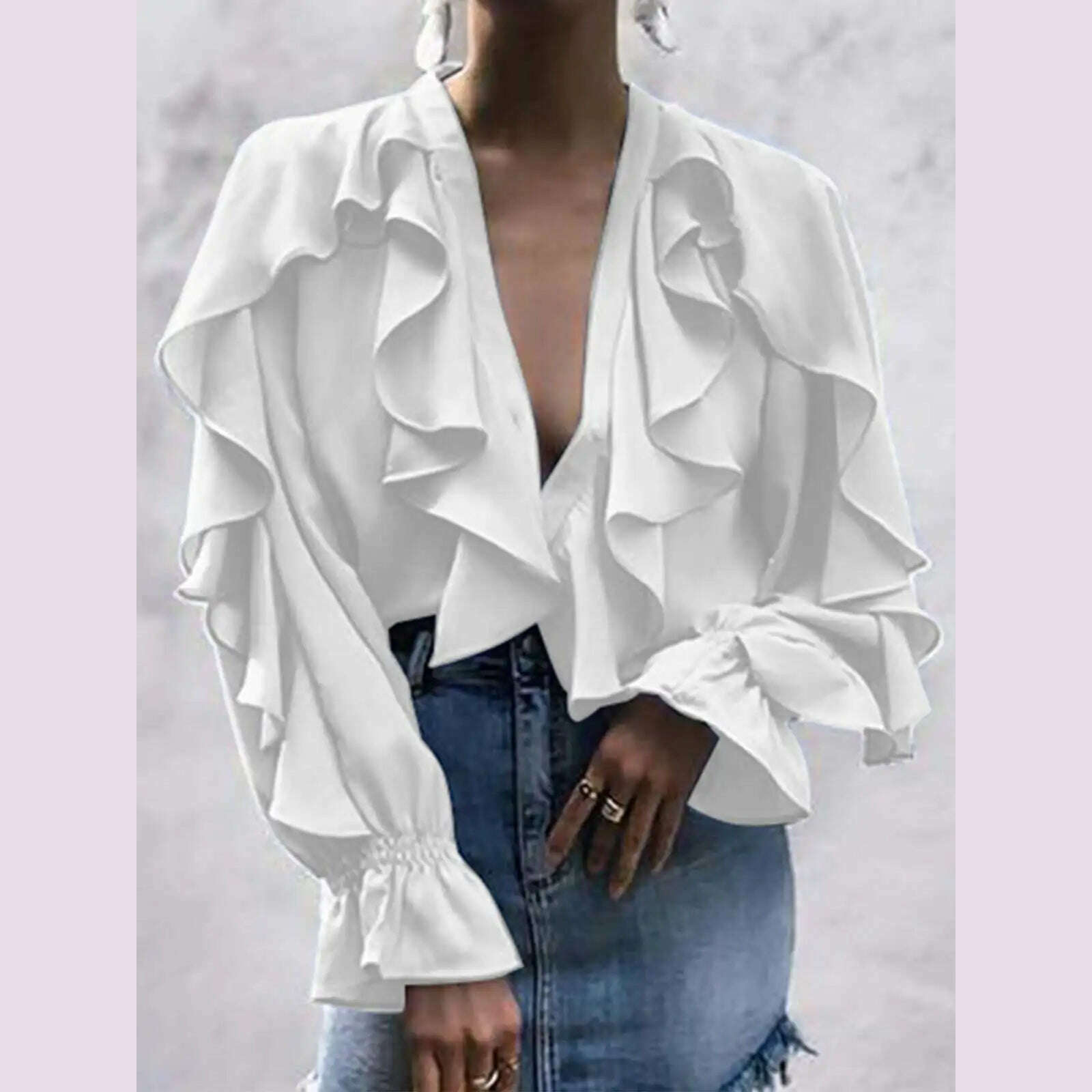 KIMLUD, Casual Summer Tops Celmia Elegant Blouses 2023 Party Blusas Women Ruffled Fashion Sexy V neck Long Sleeve Buttons Shirt Feminina, KIMLUD Womens Clothes