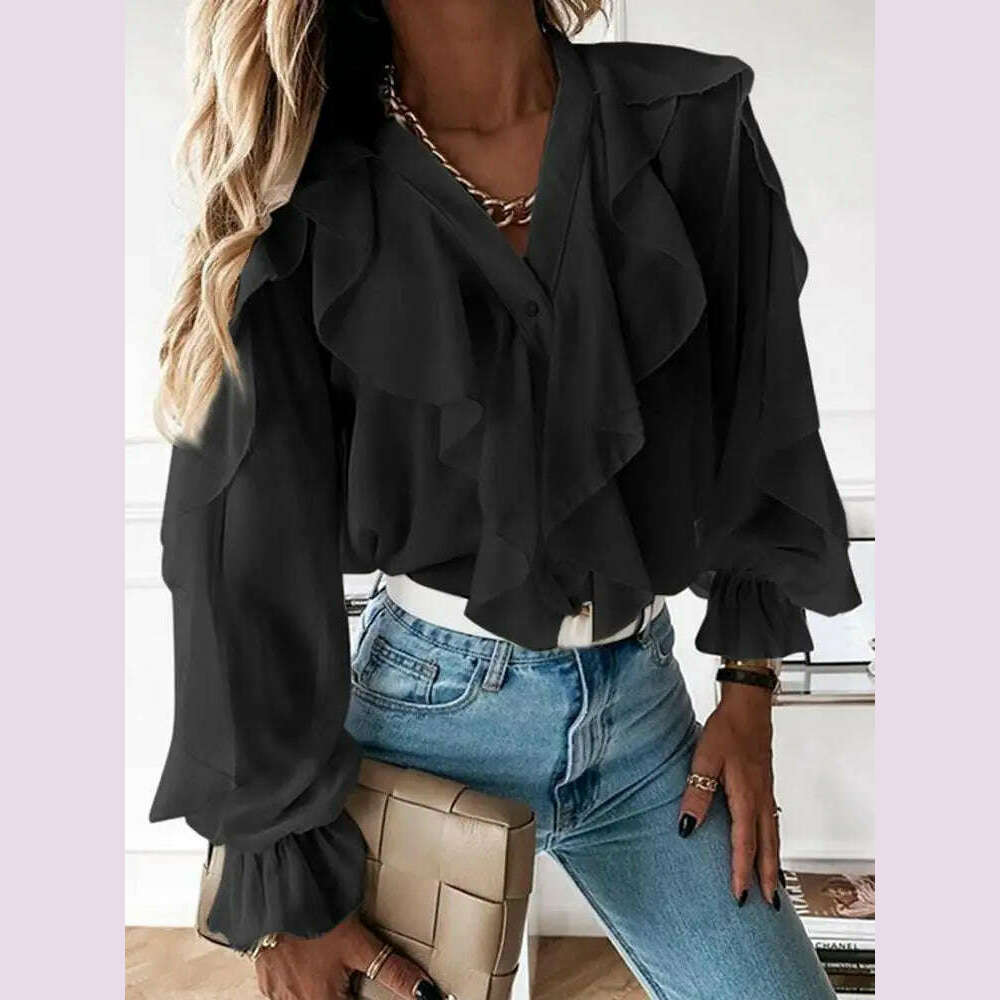 KIMLUD, Casual Summer Tops Celmia Elegant Blouses 2023 Party Blusas Women Ruffled Fashion Sexy V neck Long Sleeve Buttons Shirt Feminina, KIMLUD Womens Clothes