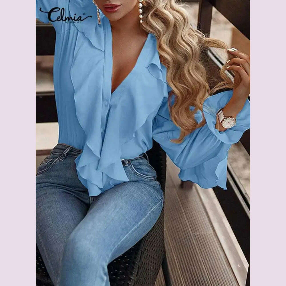 KIMLUD, Casual Summer Tops Celmia Elegant Blouses 2023 Party Blusas Women Ruffled Fashion Sexy V neck Long Sleeve Buttons Shirt Feminina, KIMLUD Womens Clothes