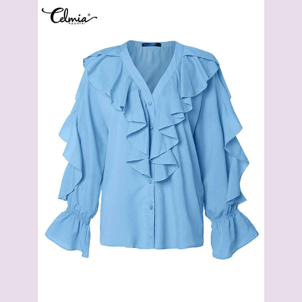 KIMLUD, Casual Summer Tops Celmia Elegant Blouses 2023 Party Blusas Women Ruffled Fashion Sexy V neck Long Sleeve Buttons Shirt Feminina, KIMLUD Womens Clothes