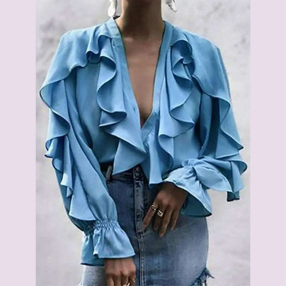 KIMLUD, Casual Summer Tops Celmia Elegant Blouses 2023 Party Blusas Women Ruffled Fashion Sexy V neck Long Sleeve Buttons Shirt Feminina, L / SKY BLUE, KIMLUD APPAREL - Womens Clothes