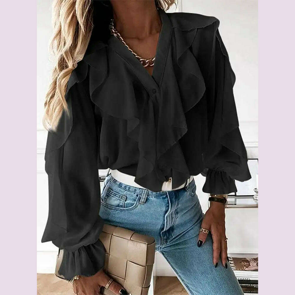 KIMLUD, Casual Summer Tops Celmia Elegant Blouses 2023 Party Blusas Women Ruffled Fashion Sexy V neck Long Sleeve Buttons Shirt Feminina, S / black, KIMLUD APPAREL - Womens Clothes