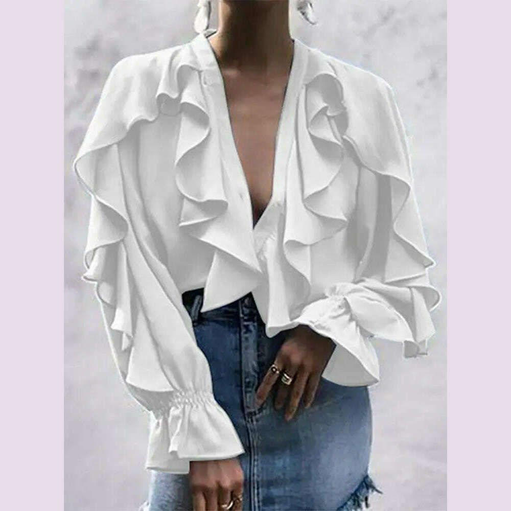 KIMLUD, Casual Summer Tops Celmia Elegant Blouses 2023 Party Blusas Women Ruffled Fashion Sexy V neck Long Sleeve Buttons Shirt Feminina, M / WHITE, KIMLUD APPAREL - Womens Clothes