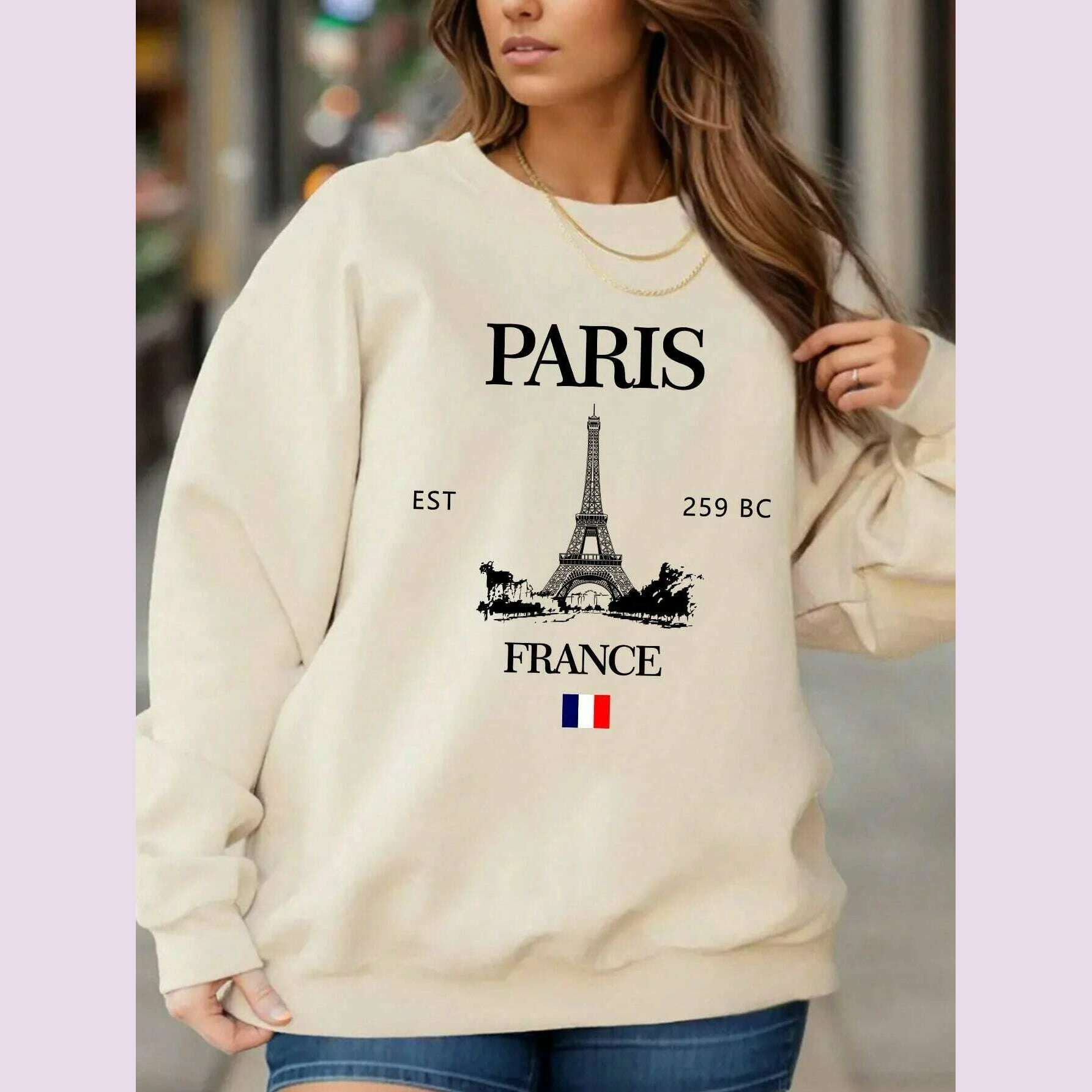 KIMLUD, Casual Women Sweatshirts Paris France Eiffel Tower Printing Hoodies Comfortable All-Math Pullover Crewneck Loose Female Tops, KIMLUD Womens Clothes