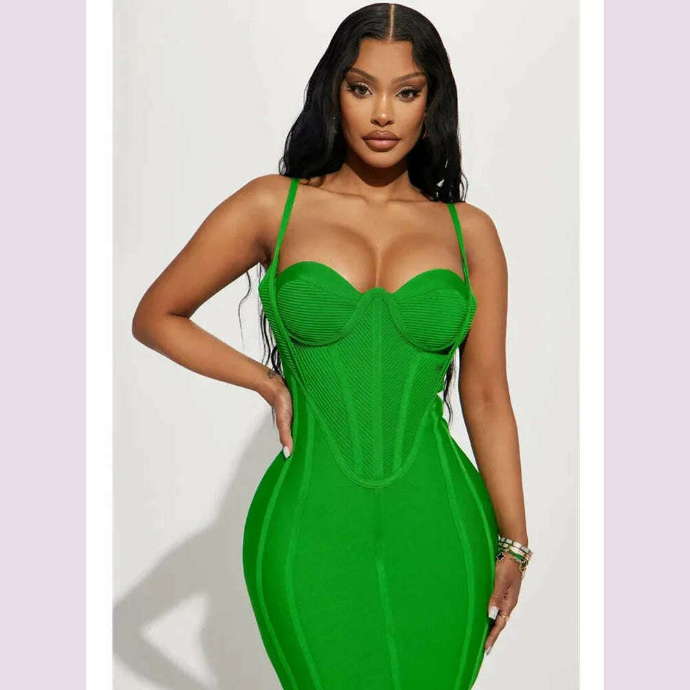 KIMLUD, Celebrity Women Summer Sexy Sleeveless Backless Green Midi Bodycon Bandage Dress 2024 Elegant Evening Club Party Dress, KIMLUD Womens Clothes