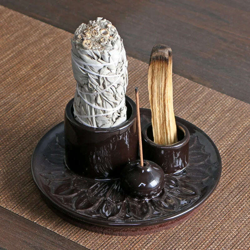 KIMLUD, Ceramic Palo Santo Sticks Holder 4 in 1 Incense Burner Sage Holder Incense Holder Ash Catcher Tray for Meditation Yoga Room, Black / CHINA, KIMLUD APPAREL - Womens Clothes