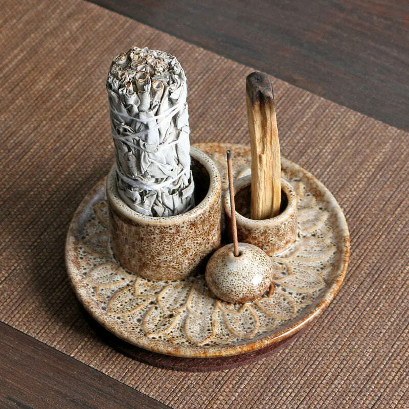 KIMLUD, Ceramic Palo Santo Sticks Holder 4 in 1 Incense Burner Sage Holder Incense Holder Ash Catcher Tray for Meditation Yoga Room, KIMLUD Womens Clothes