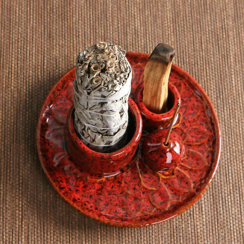 KIMLUD, Ceramic Palo Santo Sticks Holder 4 in 1 Incense Burner Sage Holder Incense Holder Ash Catcher Tray for Meditation Yoga Room, Red / CHINA, KIMLUD APPAREL - Womens Clothes