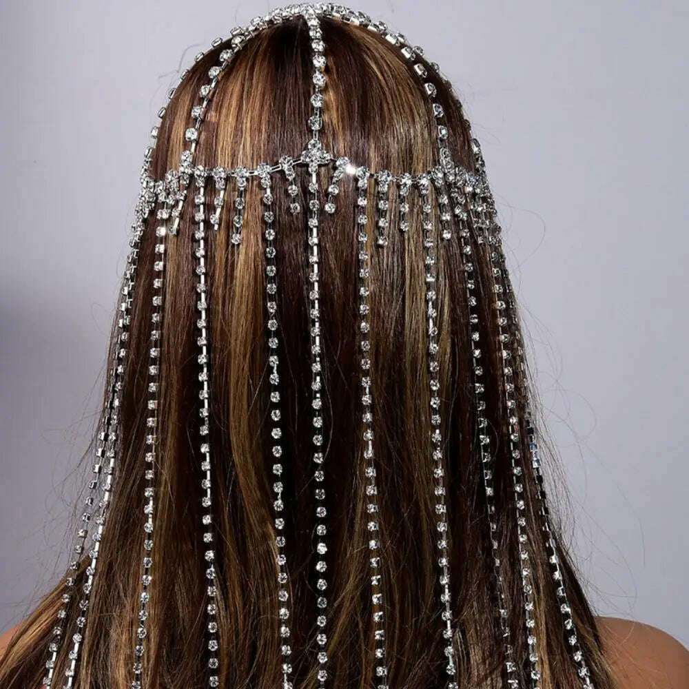 KIMLUD, Charming Crystal Tassel Headpiece Chain Hat Stage Performance Jewelry Long Multilayer Rhinestone Hair Chain Tiara Nightclub, KIMLUD Womens Clothes