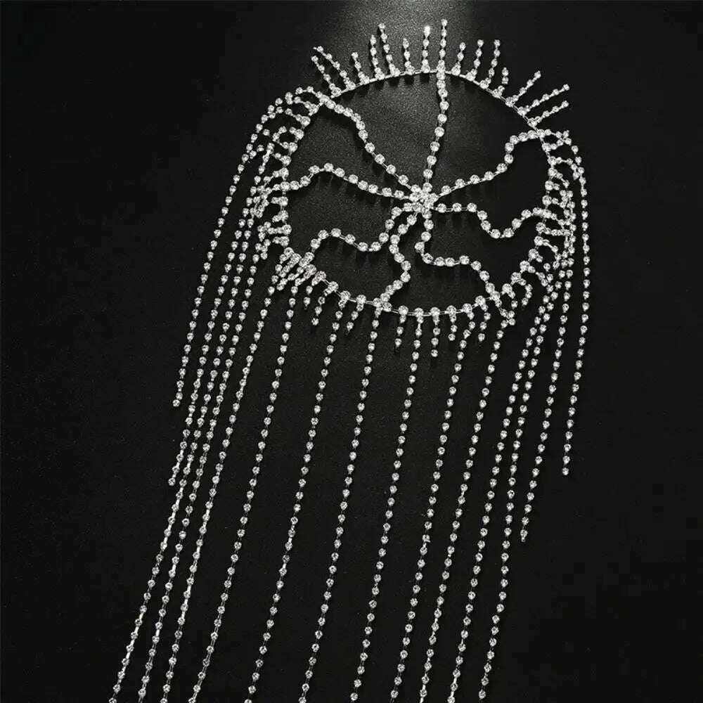 KIMLUD, Charming Crystal Tassel Headpiece Chain Hat Stage Performance Jewelry Long Multilayer Rhinestone Hair Chain Tiara Nightclub, SILVER PLATED, KIMLUD APPAREL - Womens Clothes