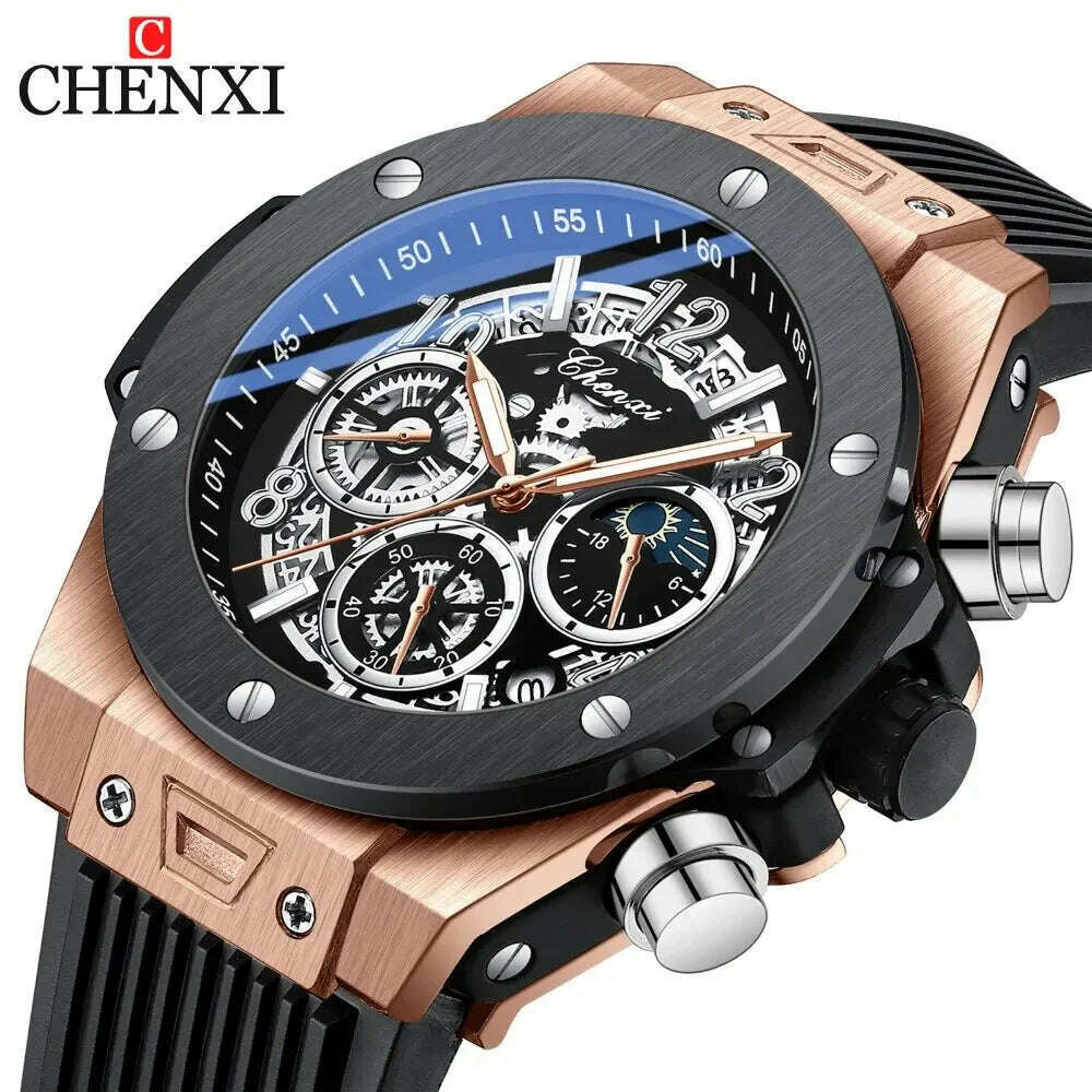 CHENXI Fashion Silicone Chronograph Watch Men Multifunctional Cool Luminous Quartz Starry Lunar Phases Timing Sport Wristwatches - KIMLUD