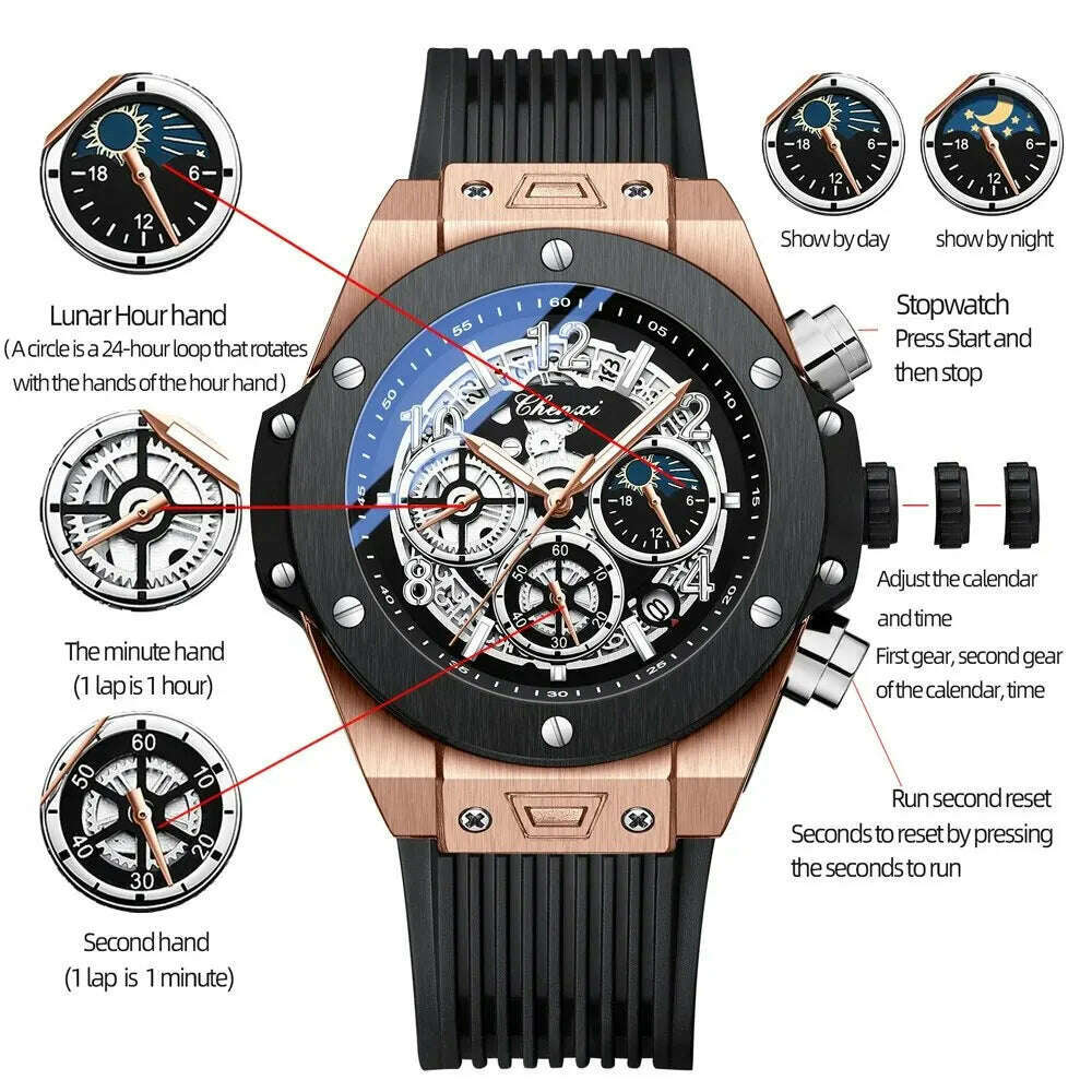 KIMLUD, CHENXI Fashion Silicone Chronograph Watch Men Multifunctional Cool Luminous Quartz Starry Lunar Phases Timing Sport Wristwatches, KIMLUD Womens Clothes