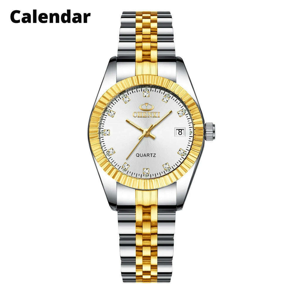 KIMLUD, CHENXI Women Quartz Watch Golden & Silver Classic Female Elegant Clock Watches Luxury Gift Ladies Waterproof Wristwatch, 004A Calendar White, KIMLUD APPAREL - Womens Clothes