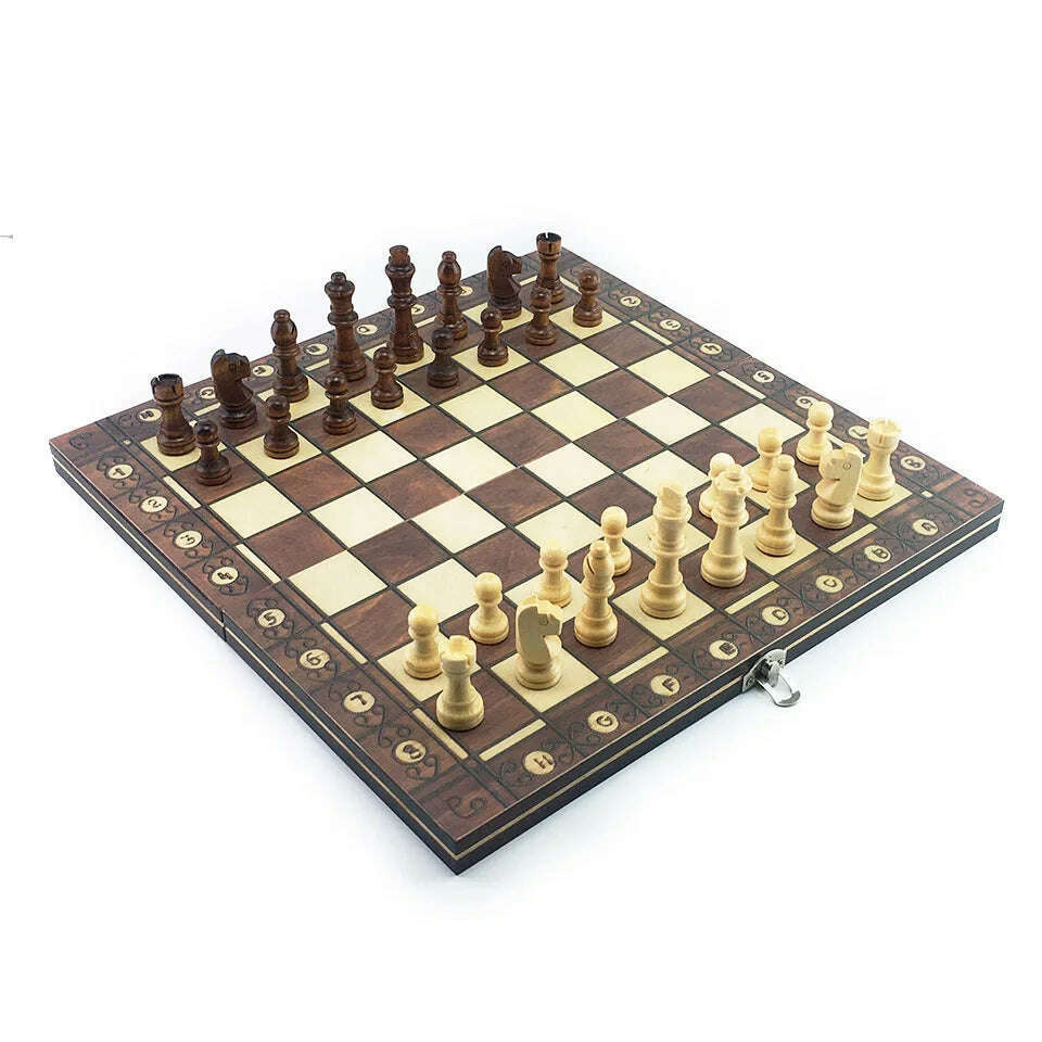 Chesse International Chess Game Super Checkers 3 in 1 Chess Wooden Travel Chess Set Folding Chessboard Backgammon - KIMLUD