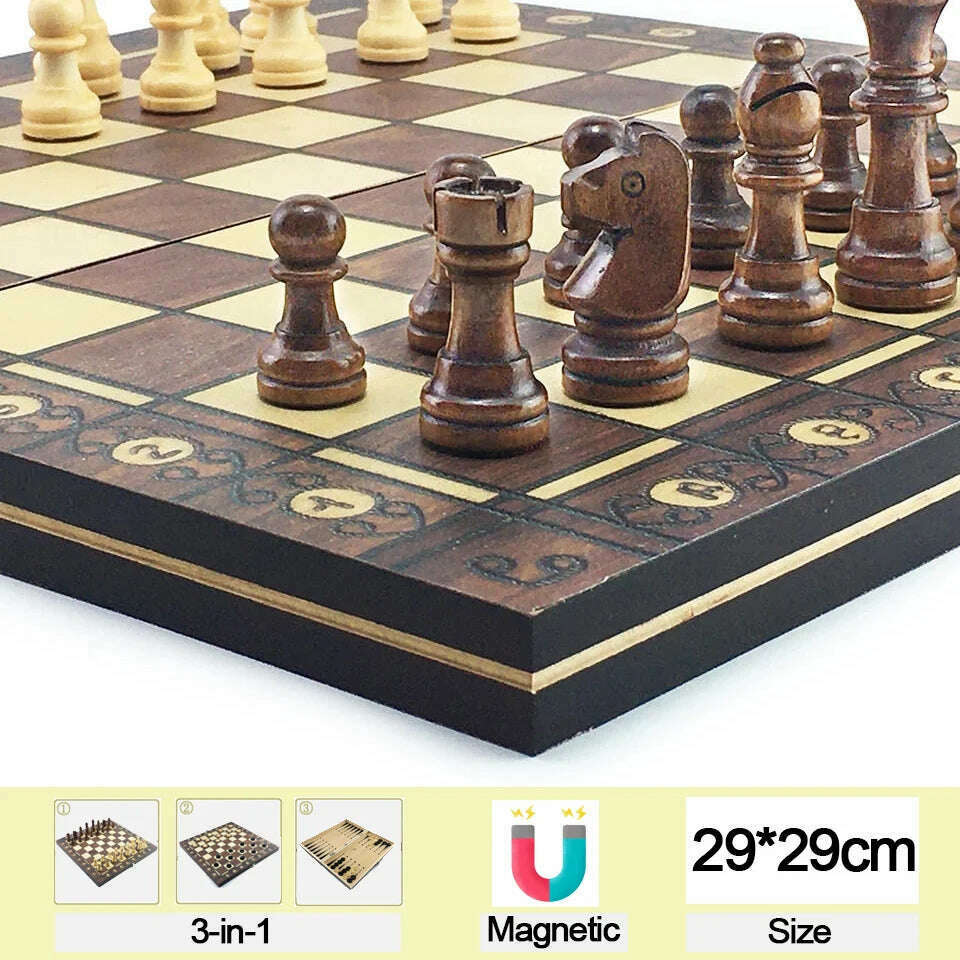 KIMLUD, Chesse International Chess Game Super Checkers 3 in 1 Chess Wooden Travel Chess Set Folding Chessboard Backgammon, 29 x 29cm Mold1, KIMLUD Womens Clothes