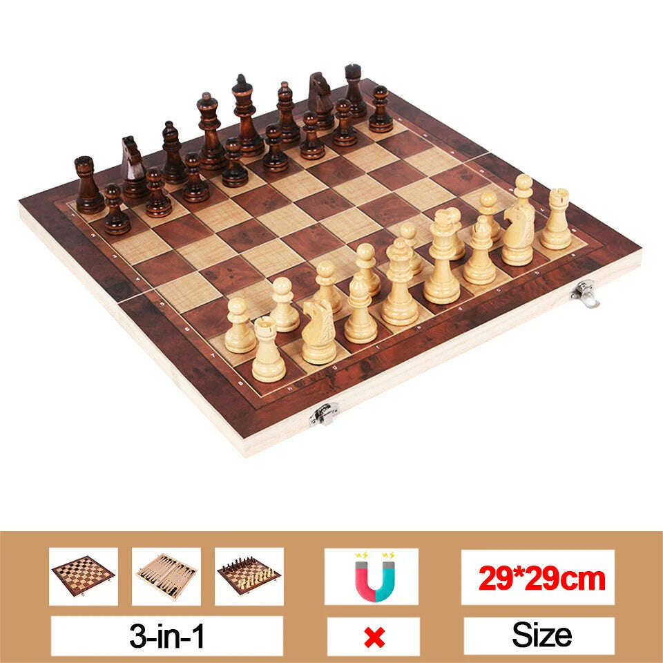 KIMLUD, Chesse International Chess Game Super Checkers 3 in 1 Chess Wooden Travel Chess Set Folding Chessboard Backgammon, 29 x 29cm Mold2, KIMLUD Womens Clothes