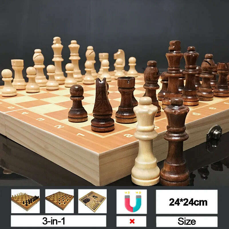 KIMLUD, Chesse International Chess Game Super Checkers 3 in 1 Chess Wooden Travel Chess Set Folding Chessboard Backgammon, 24 x 24cm Mold3, KIMLUD Womens Clothes