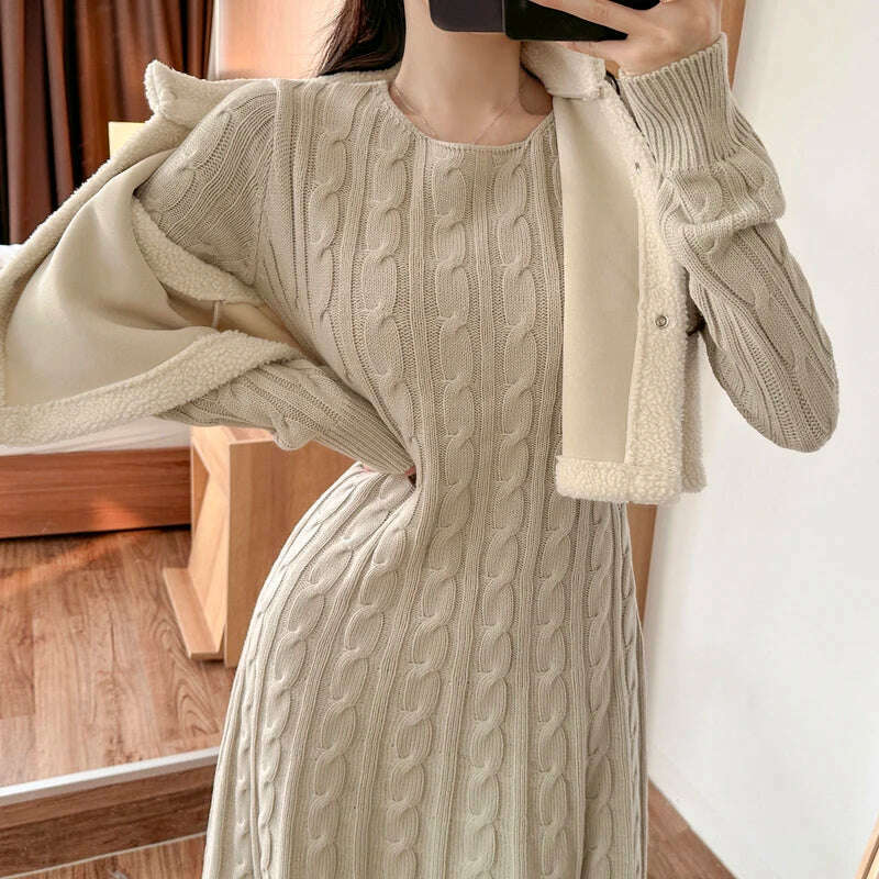 KIMLUD, Chic Korean Autumn Winter Knitted Long Sweater Dress Elegant Women Round Collar Twisted Thick Warm Loose A Line Maxi Vestidos, KIMLUD Womens Clothes