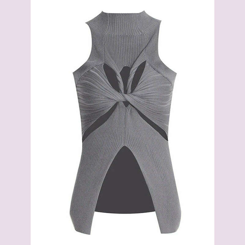 KIMLUD, CHICEVER Minimalist Knitting Tank Tops For Women Round Neck Sleeveless Hollow Out Sexy Vest Female Fashion Style Clothing 2022, gray / S, KIMLUD APPAREL - Womens Clothes