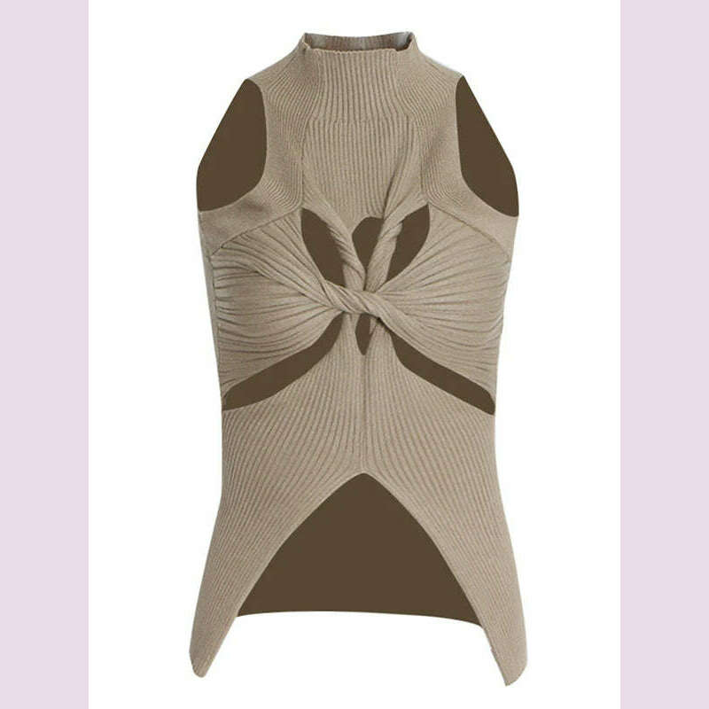 KIMLUD, CHICEVER Minimalist Knitting Tank Tops For Women Round Neck Sleeveless Hollow Out Sexy Vest Female Fashion Style Clothing 2022, khaki / S, KIMLUD APPAREL - Womens Clothes