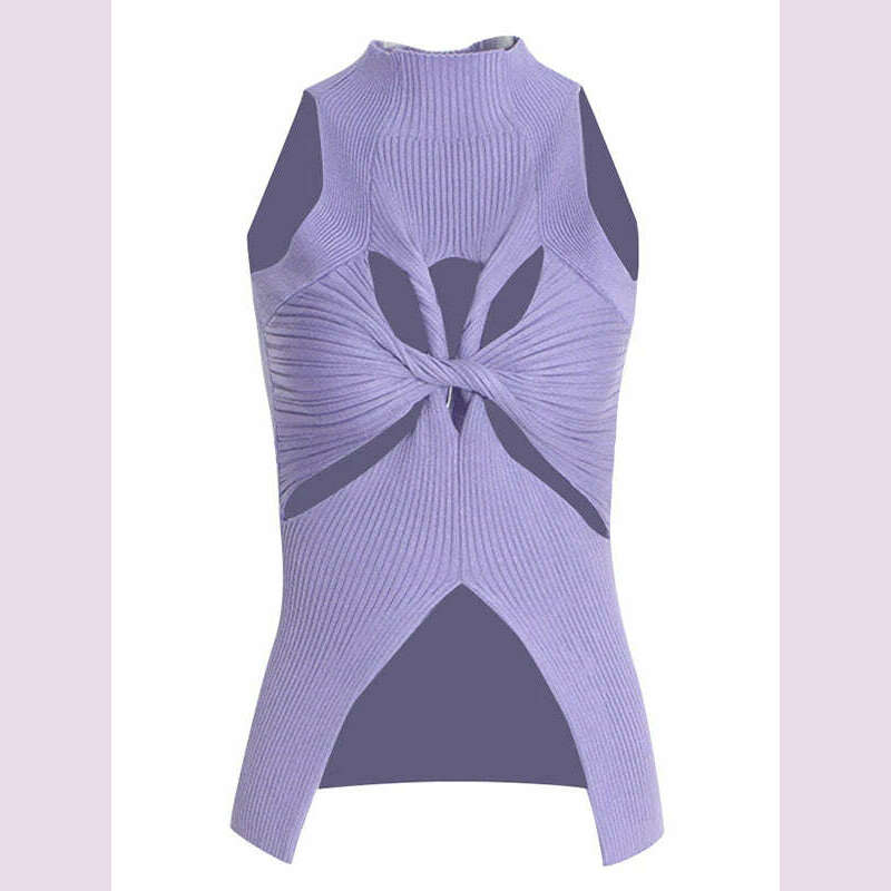 KIMLUD, CHICEVER Minimalist Knitting Tank Tops For Women Round Neck Sleeveless Hollow Out Sexy Vest Female Fashion Style Clothing 2022, purple / S, KIMLUD APPAREL - Womens Clothes