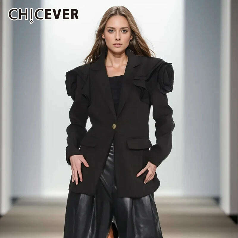 CHICEVER Patchwork Appliques Temperament Blazers For Women Notched Collar Long Sleeve Spliced Pockets Solid Slim Blazer Female - KIMLUD