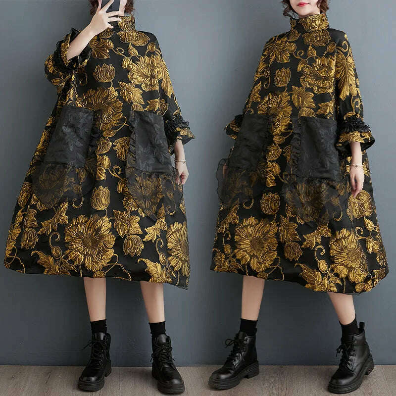 KIMLUD, Chinese Style Mock Neck Dress Women Autumn Winter Luxury New Double Deck Jacquard Coat Thin Design Advanced Loose Evening Dress, KIMLUD Womens Clothes