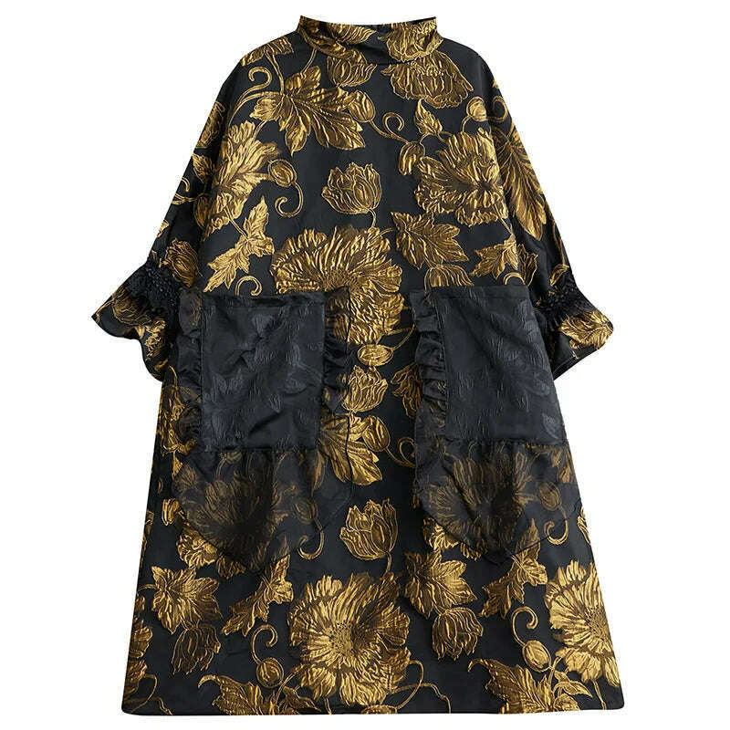 KIMLUD, Chinese Style Mock Neck Dress Women Autumn Winter Luxury New Double Deck Jacquard Coat Thin Design Advanced Loose Evening Dress, KIMLUD Womens Clothes