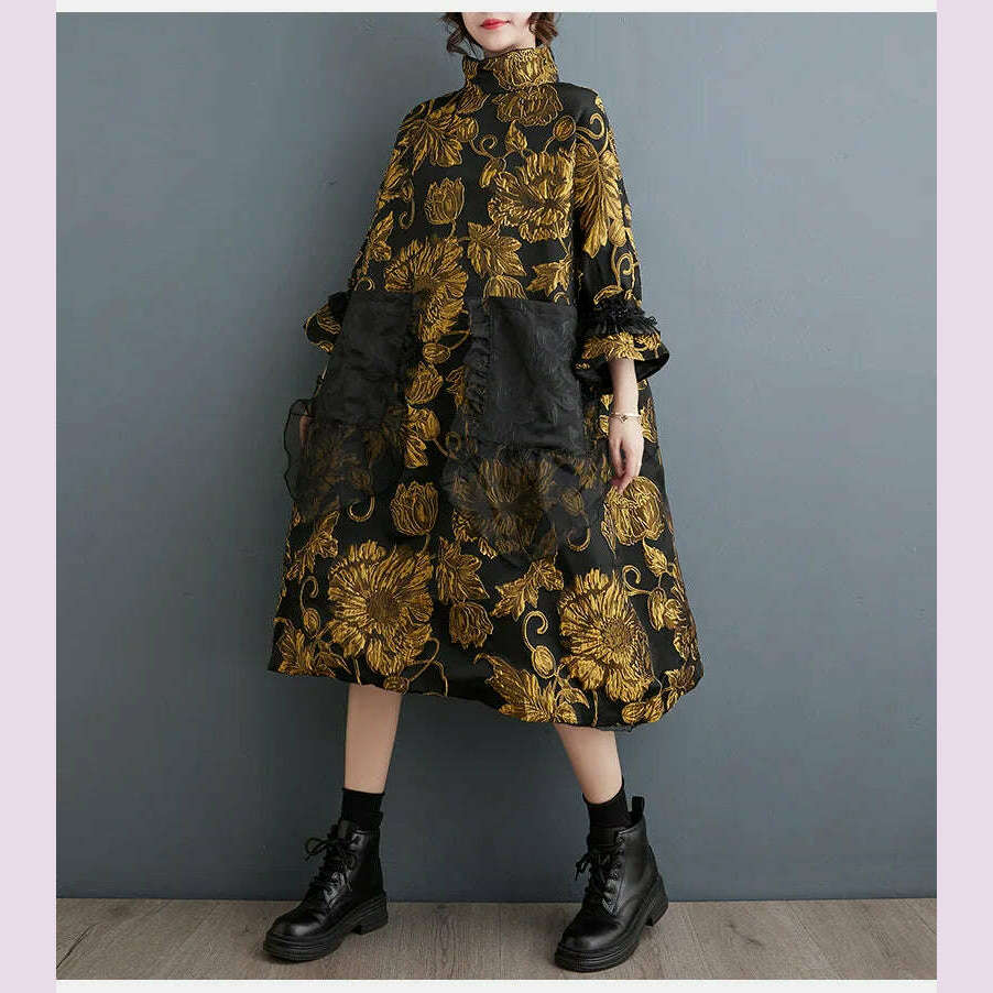 KIMLUD, Chinese Style Mock Neck Dress Women Autumn Winter Luxury New Double Deck Jacquard Coat Thin Design Advanced Loose Evening Dress, KIMLUD Womens Clothes