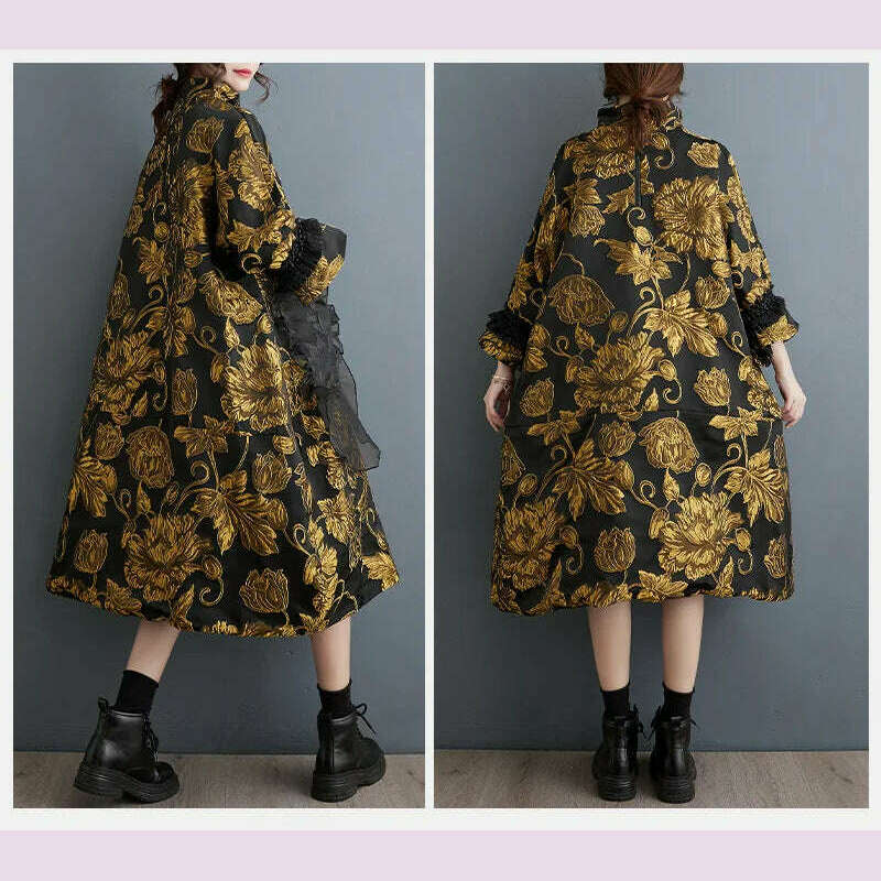 KIMLUD, Chinese Style Mock Neck Dress Women Autumn Winter Luxury New Double Deck Jacquard Coat Thin Design Advanced Loose Evening Dress, KIMLUD Womens Clothes