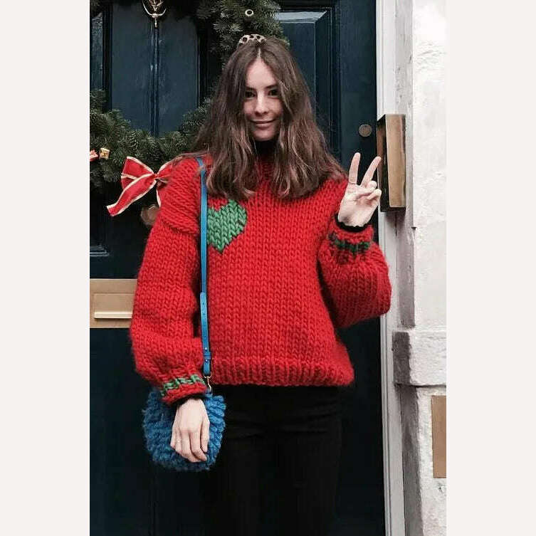 KIMLUD, Christmas Big Red Beautiful Nuo Pure Wool Pure Wool Handmade Knitted Coarse Wool Sweater Women's Long Sleeve Pullover Love Women, KIMLUD Womens Clothes