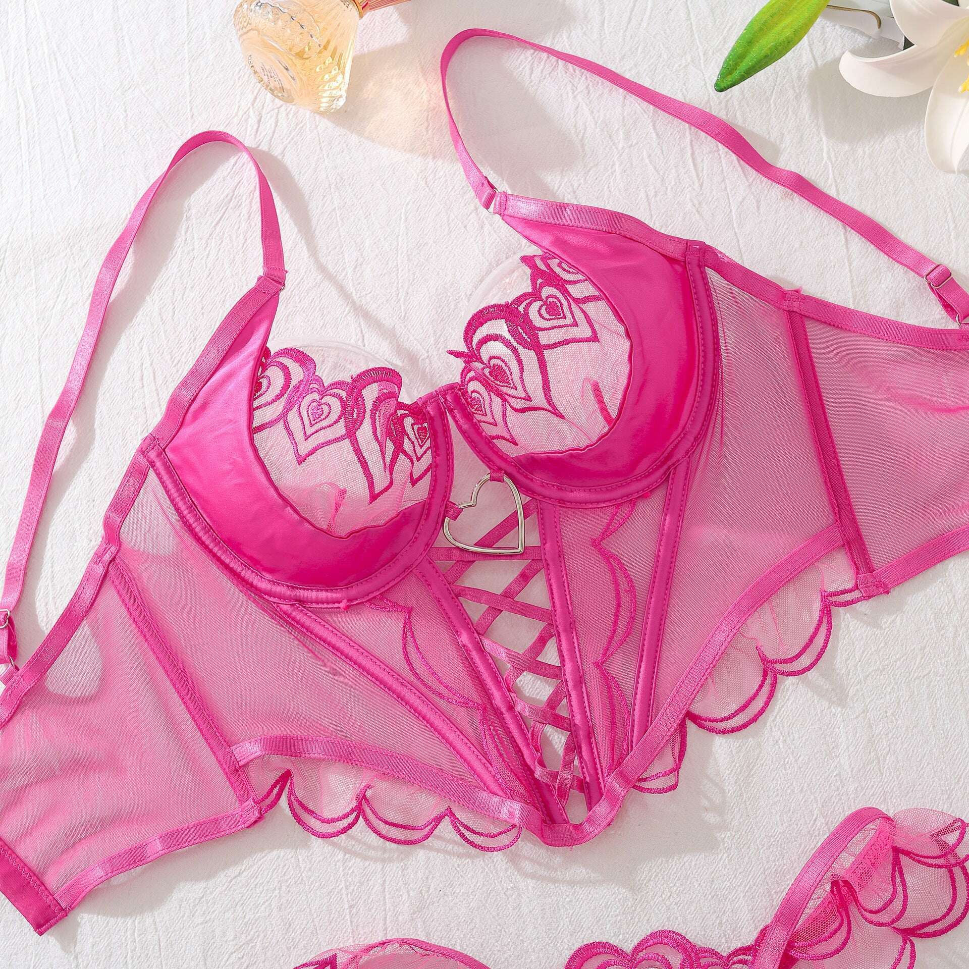 KIMLUD, CHUANGERM Sexy Lingerie Sets Heart Embroidery Rose Lace Transparent Hollow Bra Underwear Fantasy Sexy Clothes For Women Onlyfans, KIMLUD Womens Clothes