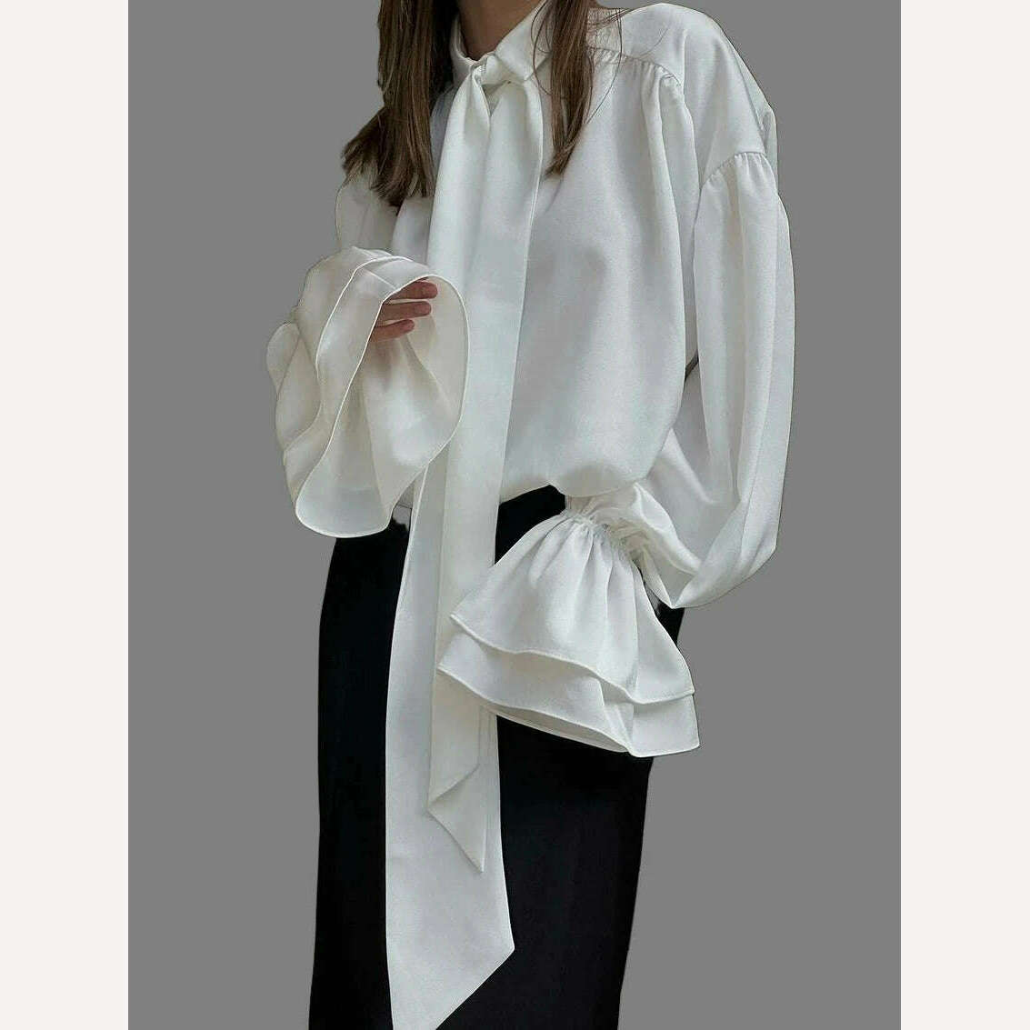 KIMLUD, Clacive Casual Loose White Women'S Shirts 2024 Fashion Lapel Long Sleeve Office Blouses Elegant Lace-Up Ruffle Solid Top Female, KIMLUD Womens Clothes