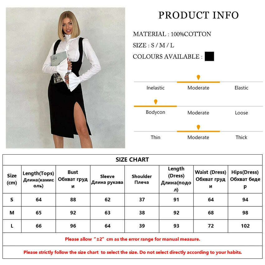 KIMLUD, Clacive Fashion Loose Black 2 Piece Sets Women Outfit Bodycon Long Sleeve Shirt With Sleeveless Slit Midi Dress Set Streetwear, KIMLUD Womens Clothes