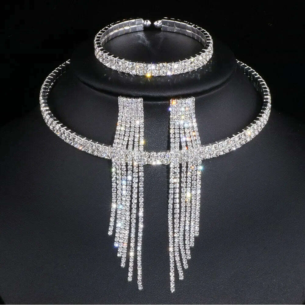 KIMLUD, Classic Elegant Tassel Crystal Bridal Jewelry Sets African Rhinestone Wedding Necklace Earrings Bracelet Sets WX081, 2 Lays with earrings, KIMLUD APPAREL - Womens Clothes