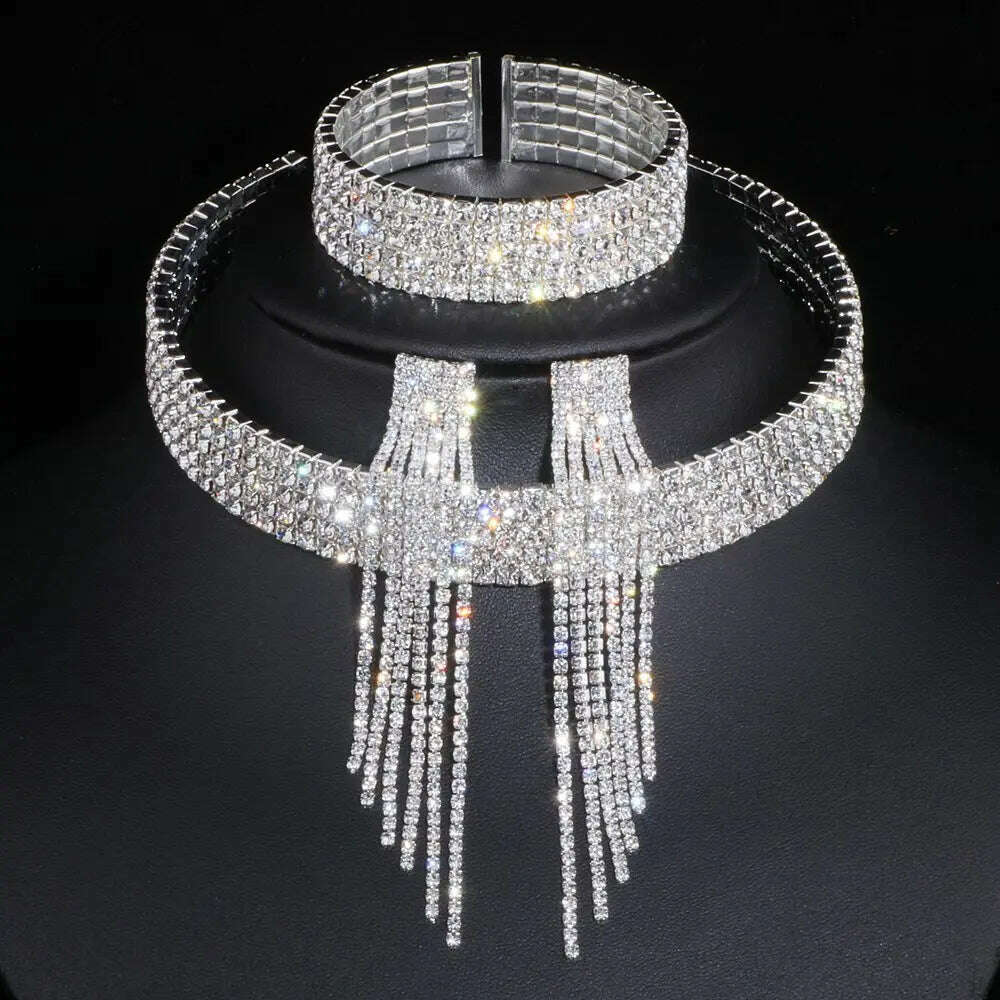 KIMLUD, Classic Elegant Tassel Crystal Bridal Jewelry Sets African Rhinestone Wedding Necklace Earrings Bracelet Sets WX081, 5 Lays with earrings, KIMLUD APPAREL - Womens Clothes