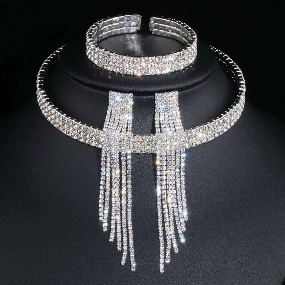 KIMLUD, Classic Elegant Tassel Crystal Bridal Jewelry Sets African Rhinestone Wedding Necklace Earrings Bracelet Sets WX081, 3 Lays with earrings, KIMLUD APPAREL - Womens Clothes