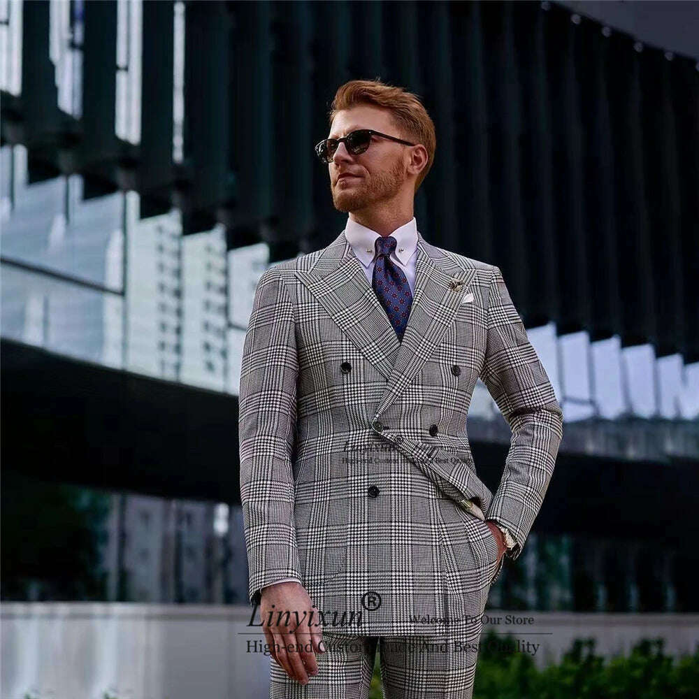 Classic Grey Plaid Men Suits Double Breasted Business Blazer Slim Fit Wedding Groom Tuxedo 2 Piece Set Jacket Pant Costume Homme - KIMLUD