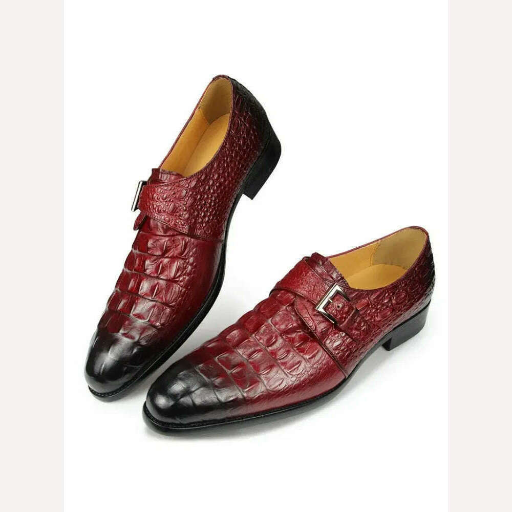 Classic Luxury Men's Alligator Leather Printed Shoe: Casual Wedding Evening Buckle Shoe in Red Hand Slip Design for Men - KIMLUD