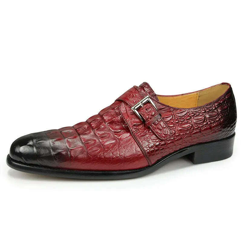 Classic Luxury Men's Alligator Leather Printed Shoe: Casual Wedding Evening Buckle Shoe in Red Hand Slip Design for Men - KIMLUD